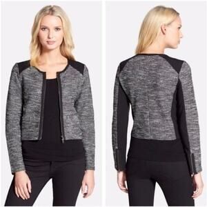 Eileen Fisher Double Zip Tweed Ponte Cropped Moto Jacket Blazer Womens XS